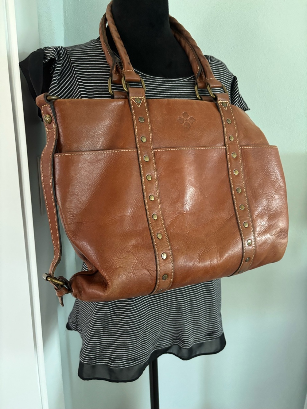 Patricia Nash Carducci Cognac Brown Studded Leather Tote - Picture 2 of 13